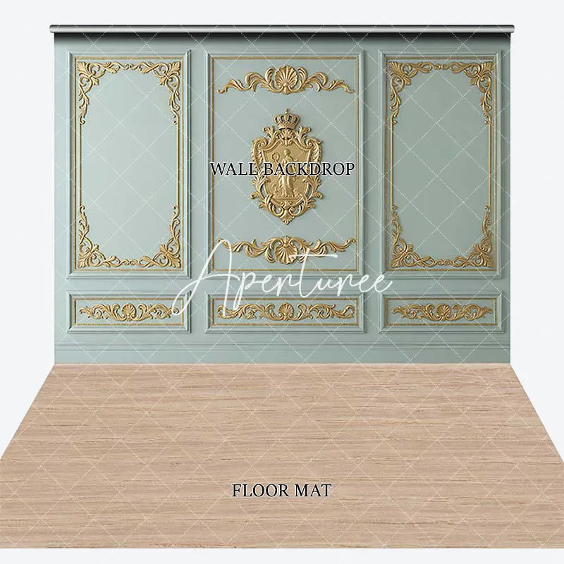 Aperturee - Aperturee Light Blue-Green and Gold Ornate Royal Crest Combo Set Backdrop Classic Elegant Photography Studio Prop
