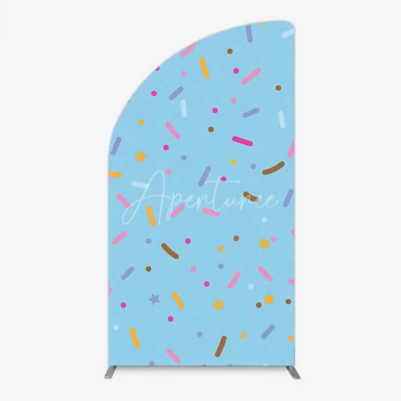 Aperturee - Aperturee Light Blue Half Moon Arch Backdrop with Colorful Sprinkles and Stars Sweet Candy Theme Party Decor
