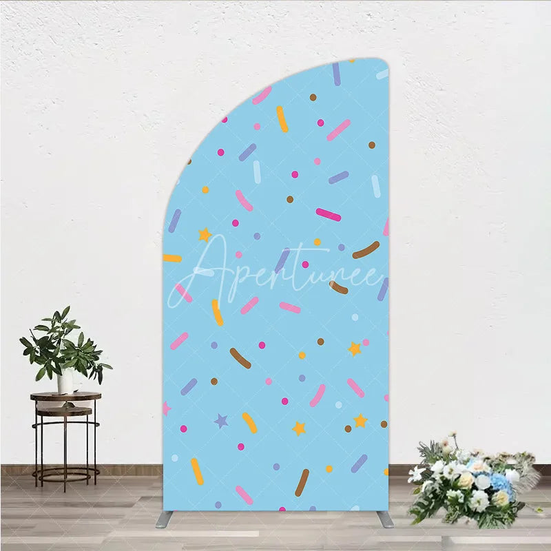 Aperturee - Aperturee Light Blue Half Moon Arch Backdrop with Colorful Sprinkles and Stars Sweet Candy Theme Party Decor