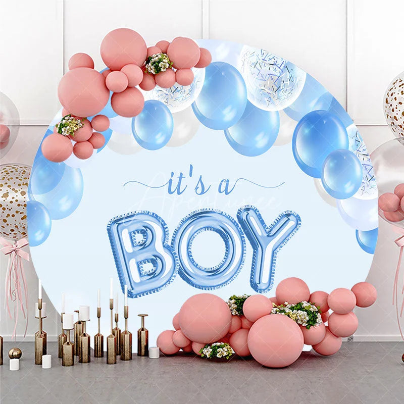Aperturee - Aperturee Light Blue It’s a Boy Round Backdrop with White and Blue Balloons Baby Shower Gender Reveal Party Decor