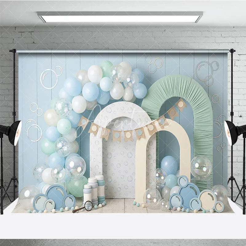 Aperturee - Aperturee Light Blue Pastel Balloons and Bubble Theme Photography Backdrop Arch Props Baby Shower First Birthday Decor
