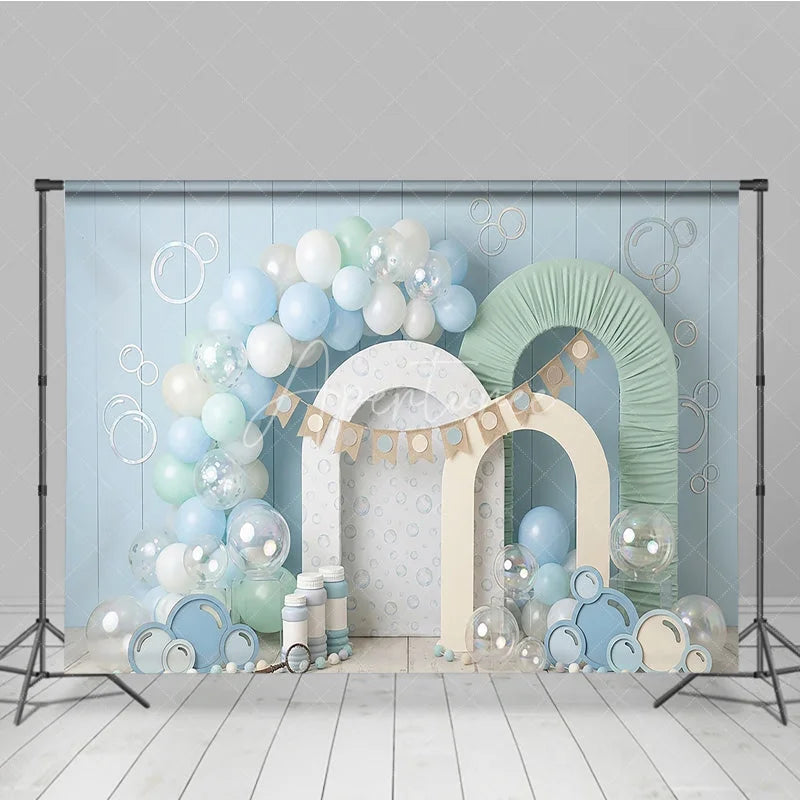 Aperturee - Aperturee Light Blue Pastel Balloons and Bubble Theme Photography Backdrop Arch Props Baby Shower First Birthday Decor