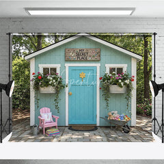 Aperturee - Aperturee Light Blue Playhouse Photography Backdrop with Turquoise Door My Secret Place Sign and Colorful Garden Flowers