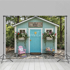 Aperturee - Aperturee Light Blue Playhouse Photography Backdrop with Turquoise Door My Secret Place Sign and Colorful Garden Flowers