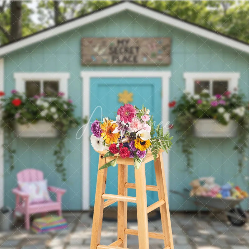 Aperturee - Aperturee Light Blue Playhouse Photography Backdrop with Turquoise Door My Secret Place Sign and Colorful Garden Flowers
