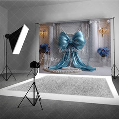 Aperturee - Aperturee Light Blue Satin Bow and Elegant Pearls Backdrop Classical Column Wedding and Bridal Party Decoration