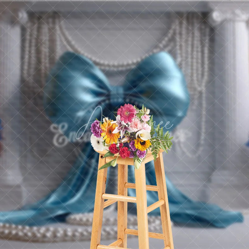 Aperturee - Aperturee Light Blue Satin Bow and Elegant Pearls Backdrop Classical Column Wedding and Bridal Party Decoration