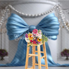 Aperturee - Aperturee Light Blue Satin Bow and Pearl Chandelier Photography Backdrop Elegant Baby Shower Birthday Party Decor