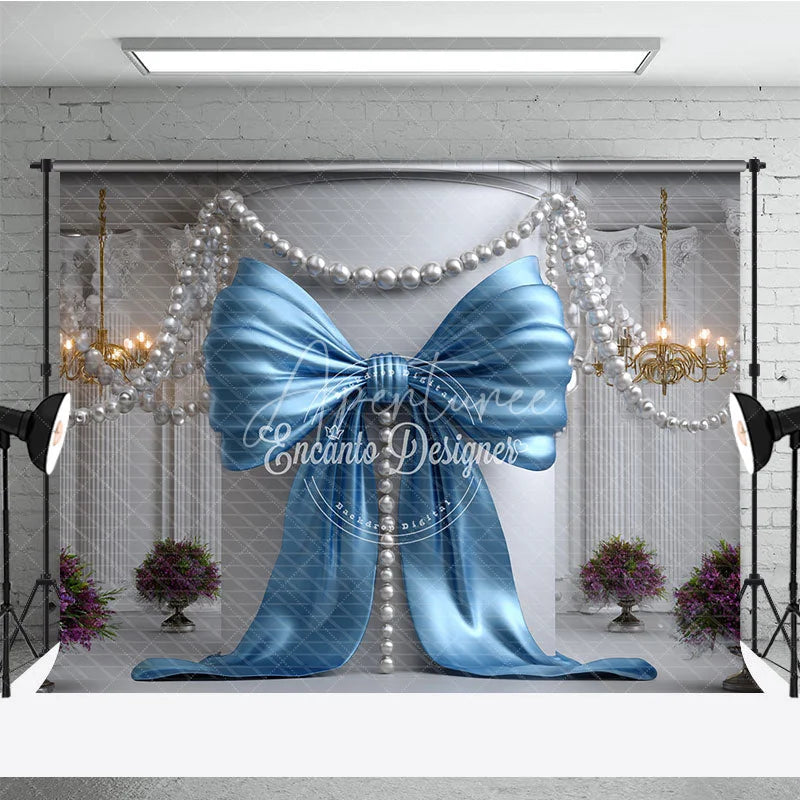 Aperturee - Aperturee Light Blue Satin Bow and Pearl Chandelier Photography Backdrop Elegant Baby Shower Birthday Party Decor