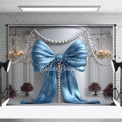 Aperturee - Aperturee Light Blue Satin Bow and Pearl Chandelier Photography Backdrop Elegant Baby Shower Birthday Party Decor