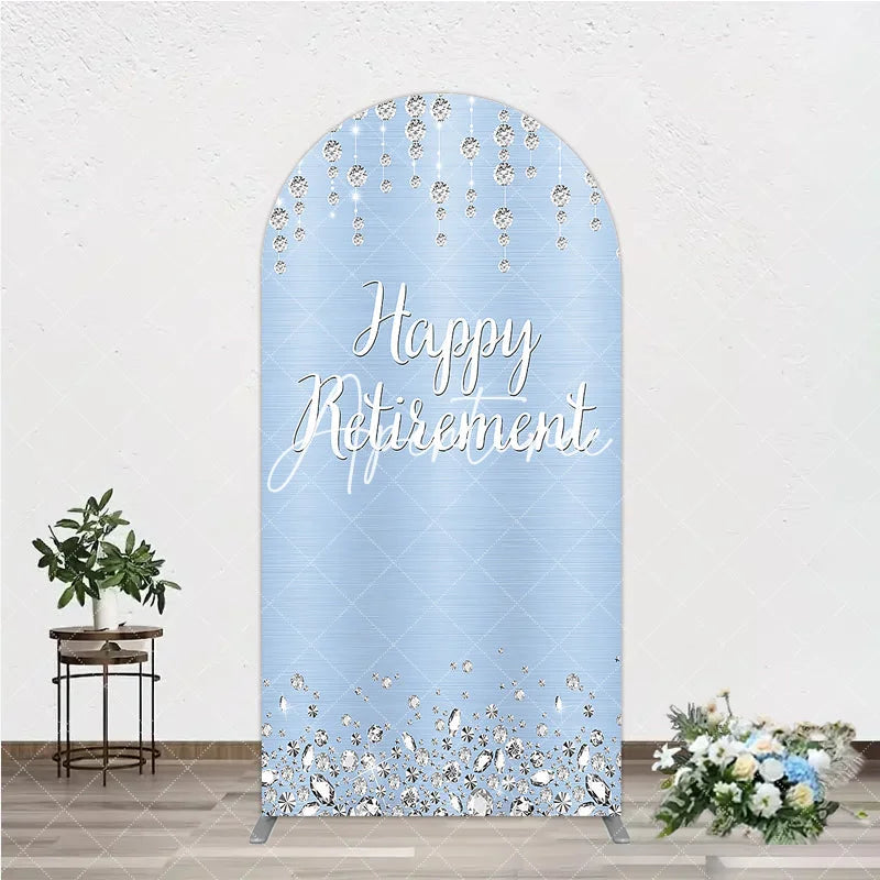 Aperturee - Aperturee Light Blue Sparkling Diamond Happy Retirement Round Top Arch Backdrop Elegant Party Decor