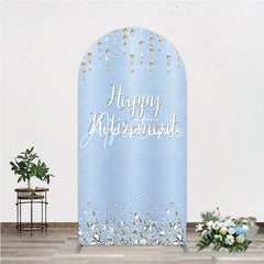 Aperturee - Aperturee Light Blue Sparkling Diamond Happy Retirement Round Top Arch Backdrop Elegant Party Decor