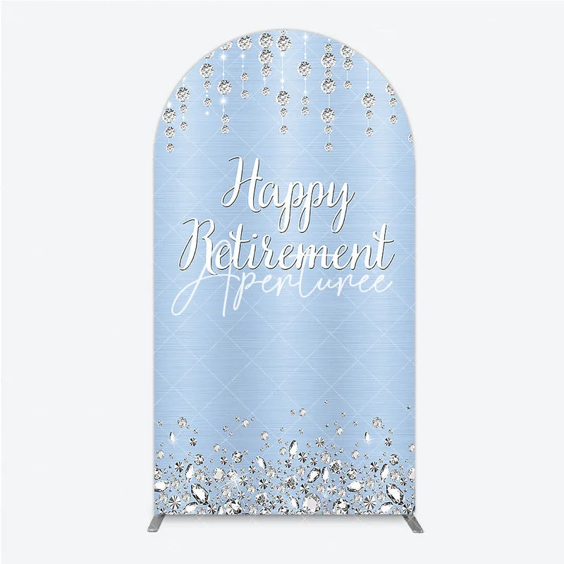 Aperturee - Aperturee Light Blue Sparkling Diamond Happy Retirement Round Top Arch Backdrop Elegant Party Decor