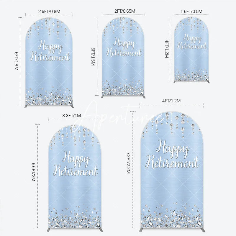 Aperturee - Aperturee Light Blue Sparkling Diamond Happy Retirement Round Top Arch Backdrop Elegant Party Decor