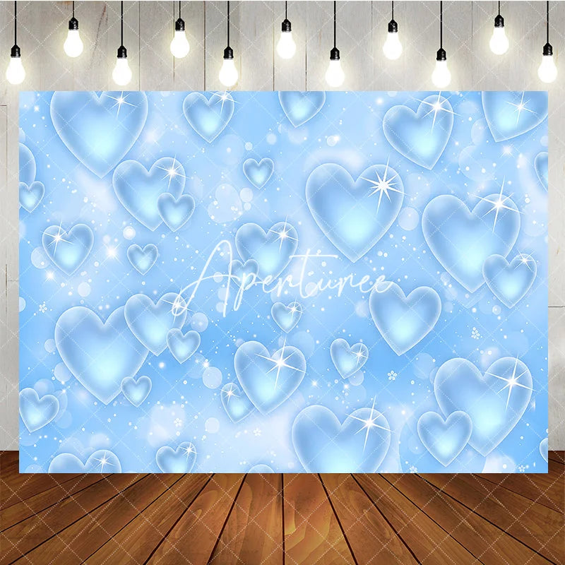 Aperturee - Aperturee Light Blue Sparkling Hearts Bokeh Glitter Y2K Birthday Backdrop Dreamy Celebration Party Photography Decor