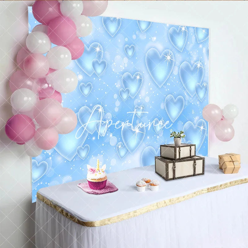 Aperturee - Aperturee Light Blue Sparkling Hearts Bokeh Glitter Y2K Birthday Backdrop Dreamy Celebration Party Photography Decor