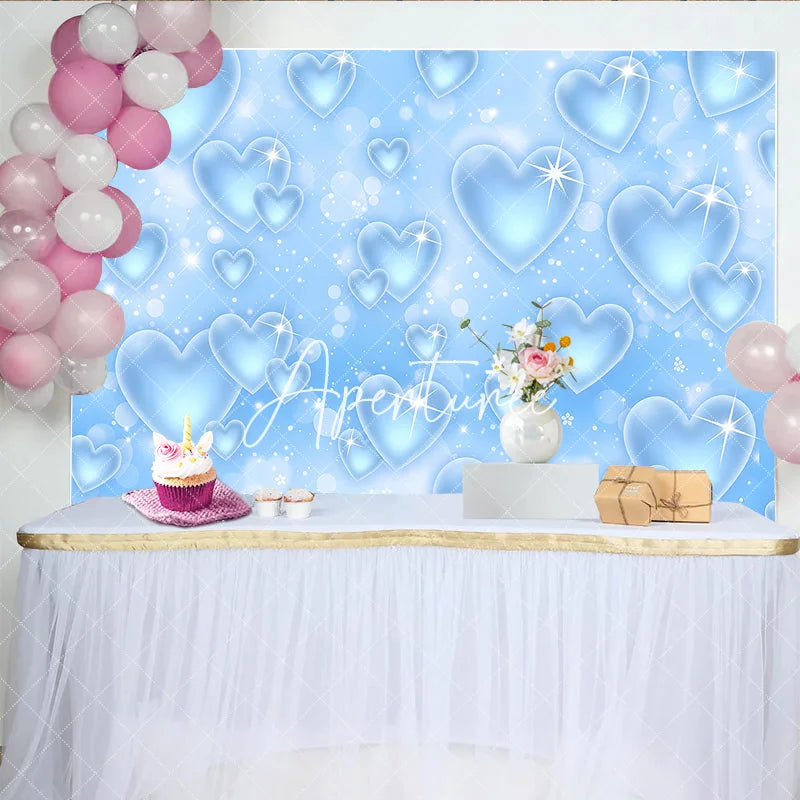 Aperturee - Aperturee Light Blue Sparkling Hearts Bokeh Glitter Y2K Birthday Backdrop Dreamy Celebration Party Photography Decor