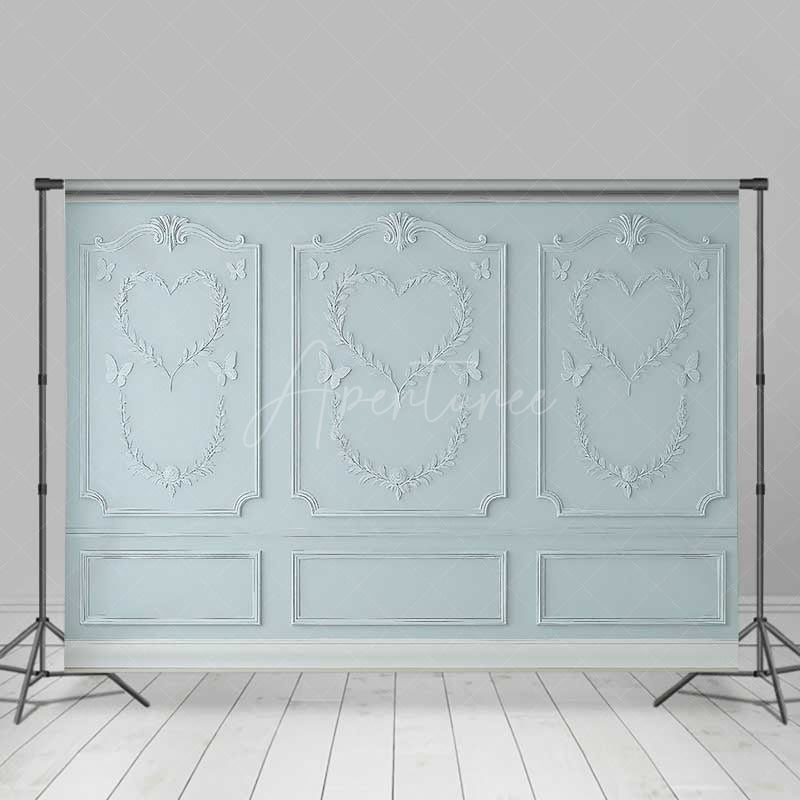 Aperturee Aperturee Light Blue Wall Photography Backdrop with Heart Shaped Wreaths and Butterflies Romantic Studio Photo Prop