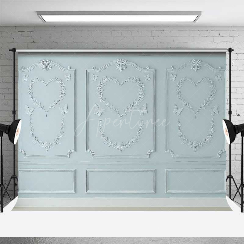 Aperturee Aperturee Light Blue Wall Photography Backdrop with Heart Shaped Wreaths and Butterflies Romantic Studio Photo Prop