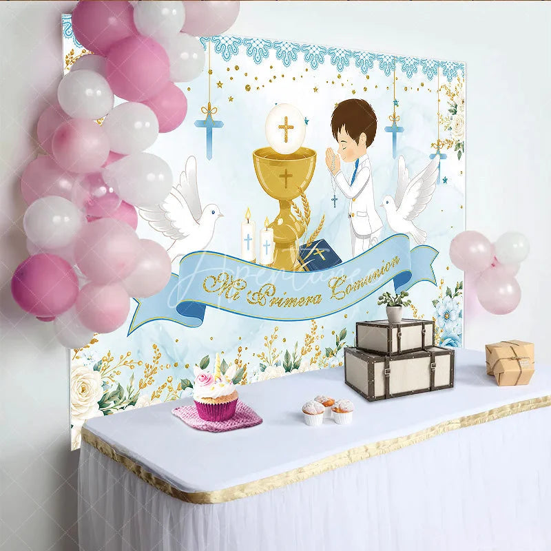 Aperturee - Aperturee Light Blue White Gold First Communion Theme Birthday Backdrop Praying Boy Chalice Doves Floral Decor.