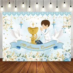 Aperturee - Aperturee Light Blue White Gold First Communion Theme Birthday Backdrop Praying Boy Chalice Doves Floral Decor.