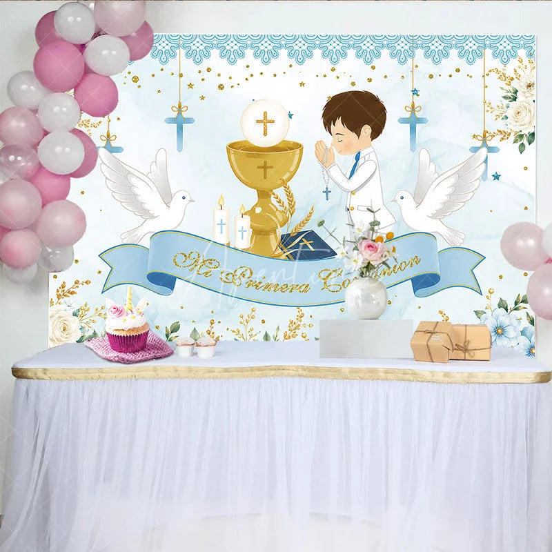 Aperturee - Aperturee Light Blue White Gold First Communion Theme Birthday Backdrop Praying Boy Chalice Doves Floral Decor.