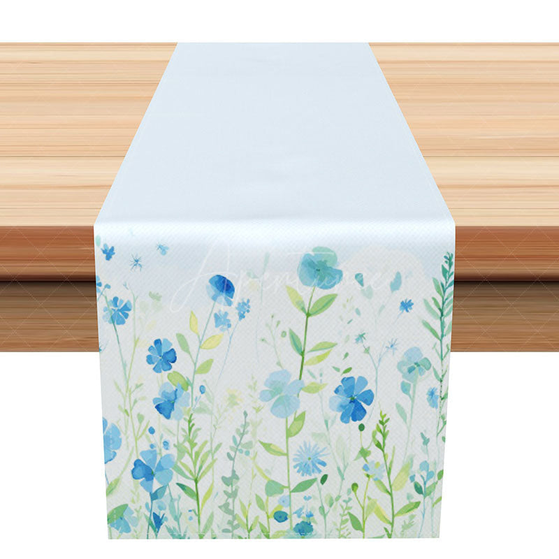 Aperturee - Aperturee Light Blue Wildflower Spring Table Runner Fresh and Sweet Botanical Design Easter or Garden Party Decoration