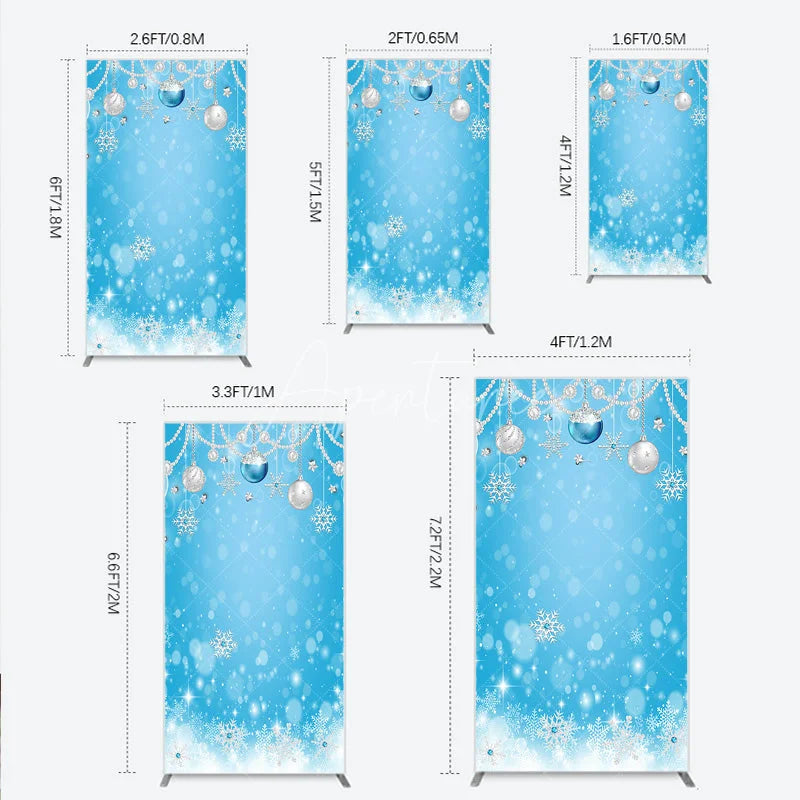Aperturee - Aperturee Light Blue Winter Wonderland Rectangle Arch Backdrop with Silver Ornaments Pearl Garlands and Sparkling Snowflakes