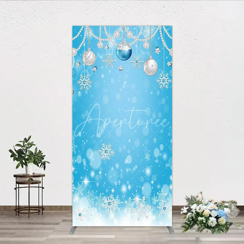 Aperturee - Aperturee Light Blue Winter Wonderland Rectangle Arch Backdrop with Silver Ornaments Pearl Garlands and Sparkling Snowflakes