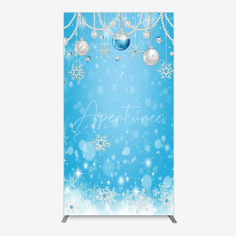 Aperturee - Aperturee Light Blue Winter Wonderland Rectangle Arch Backdrop with Silver Ornaments Pearl Garlands and Sparkling Snowflakes