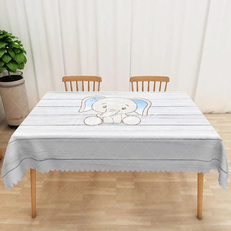 Aperturee - Aperturee Light Gray Striped Rectangle Tablecloth with Elephant Pattern for Safari Nursery or Baby Shower Decor
