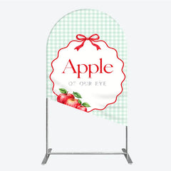 Aperturee - Aperturee Light Green Gingham Apple of Our Eye Round Top Arch Backdrop Red Bow and Apples Baby Shower Decor