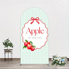 Aperturee - Aperturee Light Green Gingham Apple of Our Eye Round Top Arch Backdrop Red Bow and Apples Baby Shower Decor