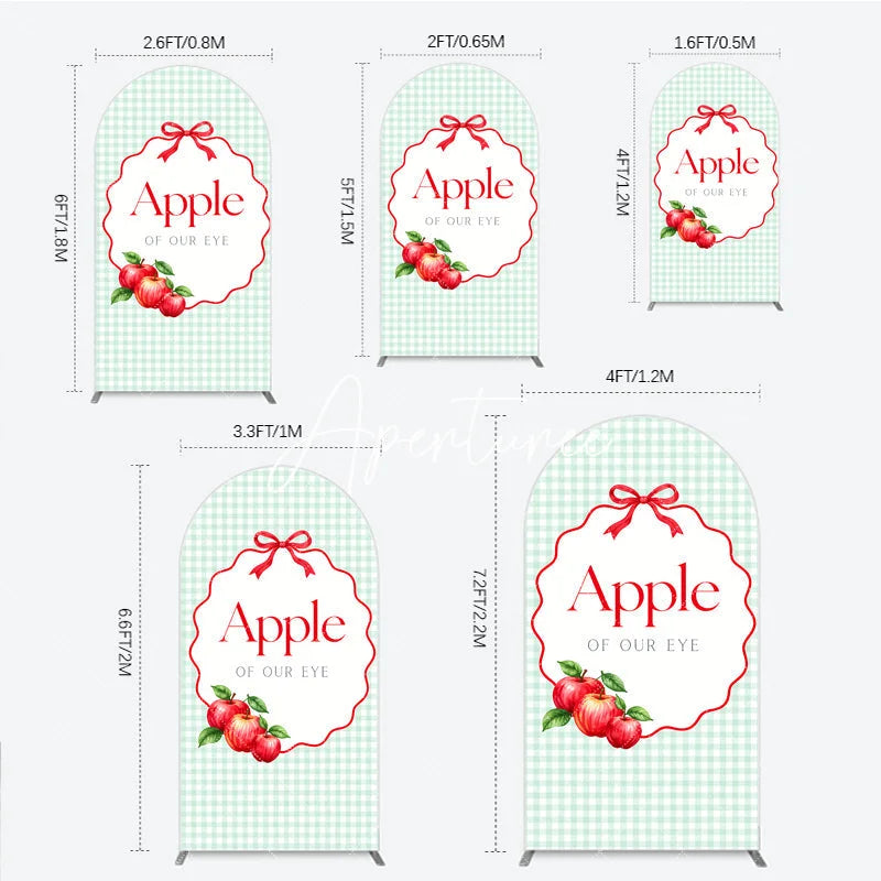 Aperturee - Aperturee Light Green Gingham Apple of Our Eye Round Top Arch Backdrop Red Bow and Apples Baby Shower Decor