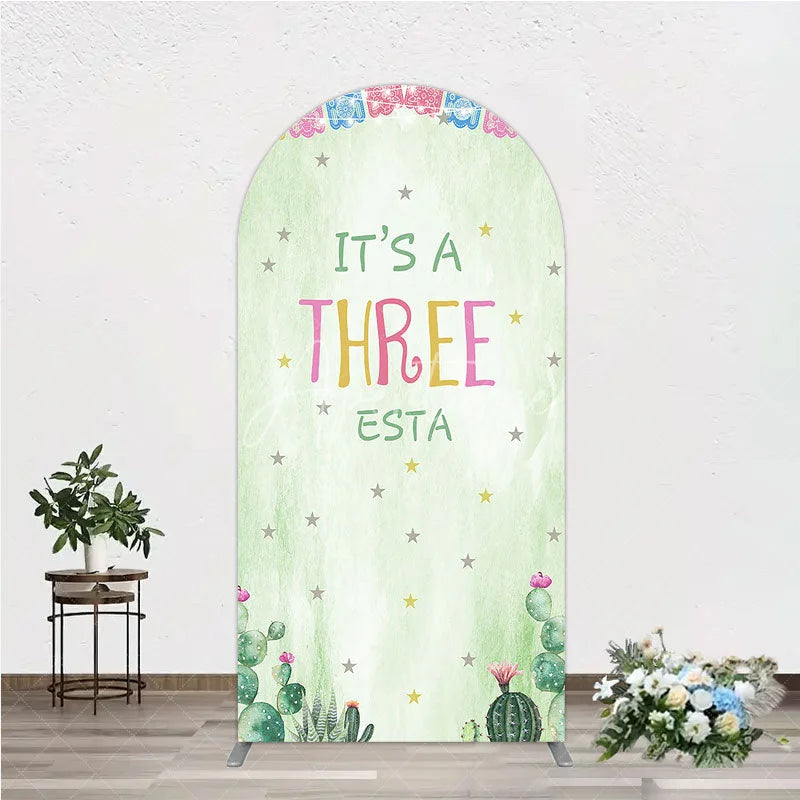 Aperturee - Aperturee Light Green Watercolor Mexican Fiesta Round Top Arch Backdrop It’s a Three Birthday Party with Cactus and Papel Picado