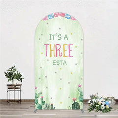 Aperturee - Aperturee Light Green Watercolor Mexican Fiesta Round Top Arch Backdrop It’s a Three Birthday Party with Cactus and Papel Picado