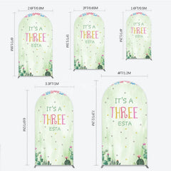 Aperturee - Aperturee Light Green Watercolor Mexican Fiesta Round Top Arch Backdrop It’s a Three Birthday Party with Cactus and Papel Picado