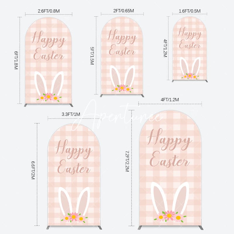 Aperturee - Aperturee Light Pink Plaid Floral Bunny Ear Easter Arch Backdrop