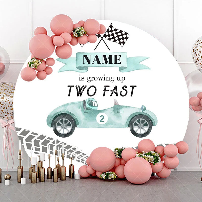 Aperturee - Aperturee Light Teal Vintage Race Car Two Fast Round Backdrop Checkered Flags Second Birthday Party Celebration