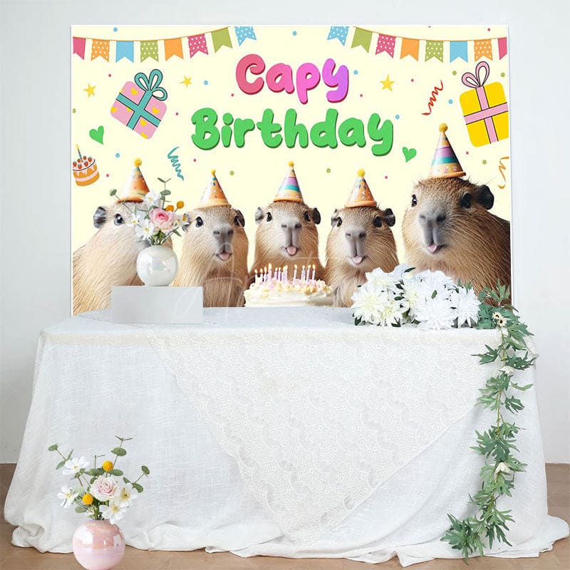 Aperturee - Aperturee Light Yellow Ribbon Cake Capy Birthday Party Backdrop