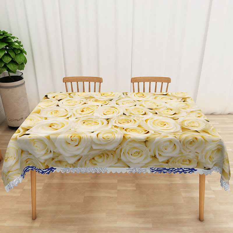 Aperturee - Aperturee Light Yellow Rose Rectangle Tablecloth with Blooming Flowers for Elegant Spring Wedding Reception