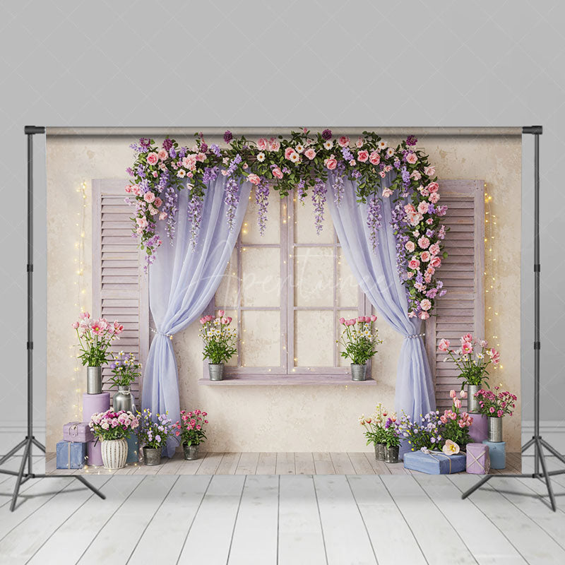 Aperturee - Aperturee Lighted Floral Purple Curtain Window Photo Backdrop