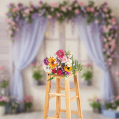 Aperturee - Aperturee Lighted Floral Purple Curtain Window Photo Backdrop