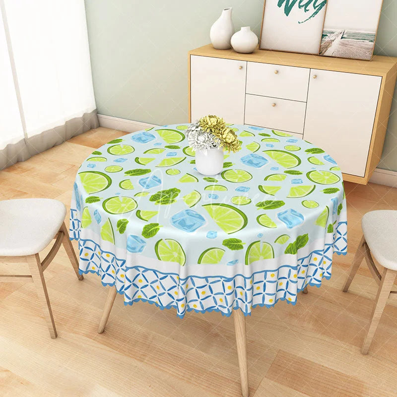 Aperturee - Aperturee Lime Slices Mint and Ice Cubes Pattern Round Tablecloth Fresh Summer Drink Kitchen Decor