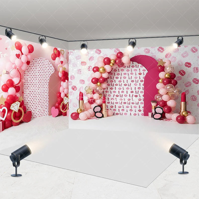 Aperturee - Aperturee Lipstick Kiss Marks Room Set Backdrop Red Pink Balloons and Diamond Ring Spa Party Background