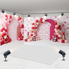 Aperturee - Aperturee Lipstick Kiss Marks Room Set Backdrop Red Pink Balloons and Diamond Ring Spa Party Background
