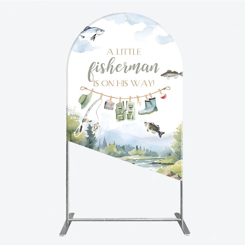 Aperturee - Aperturee Little Fisherman Is On His Way Watercolor Round Top Arch Backdrop Baby Shower Rustic River Fishing Theme Decor