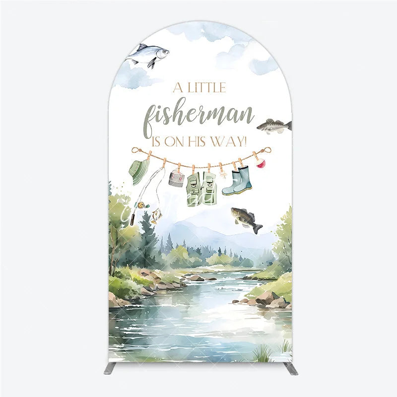 Aperturee - Aperturee Little Fisherman Is On His Way Watercolor Round Top Arch Backdrop Baby Shower Rustic River Fishing Theme Decor