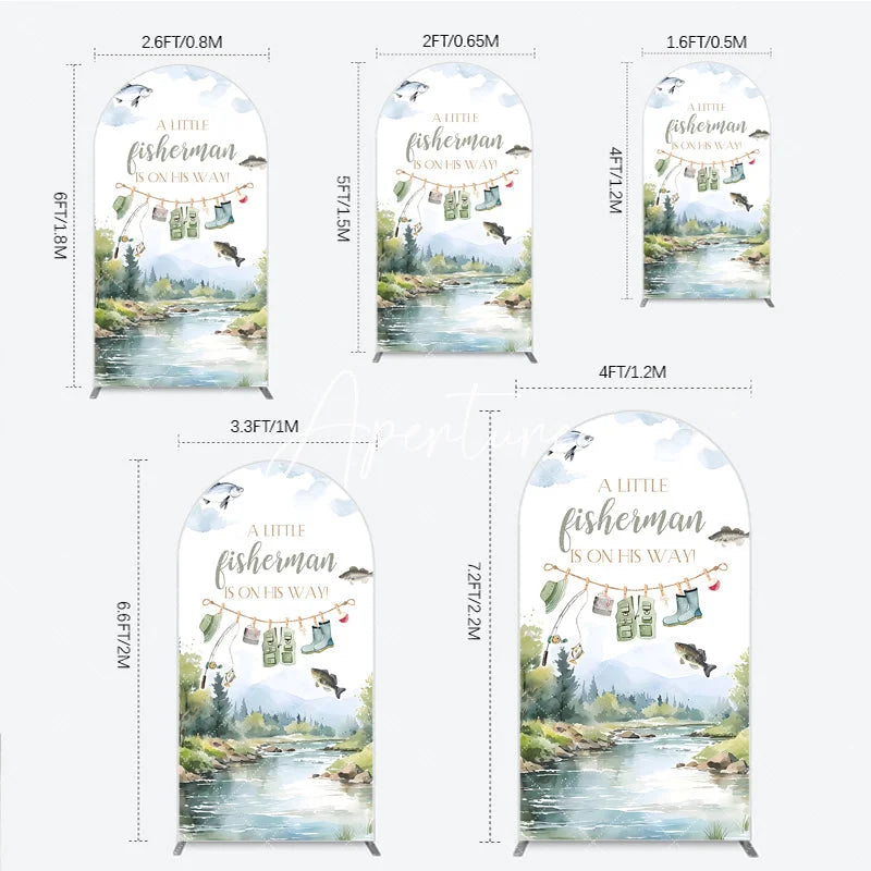 Aperturee - Aperturee Little Fisherman Is On His Way Watercolor Round Top Arch Backdrop Baby Shower Rustic River Fishing Theme Decor