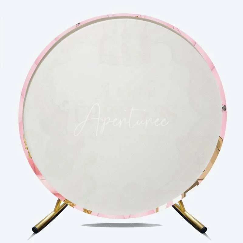 Aperturee - Aperturee Little Princess Round Backdrop Pink Tufted Wall with Royal Baby Girl and Teddy Bear Background